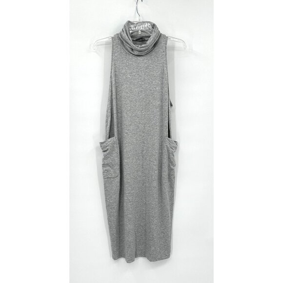 EILEEN FISHER midi dress knit cowl turtleneck cargo pockets casual gray XXS - Picture 2 of 8